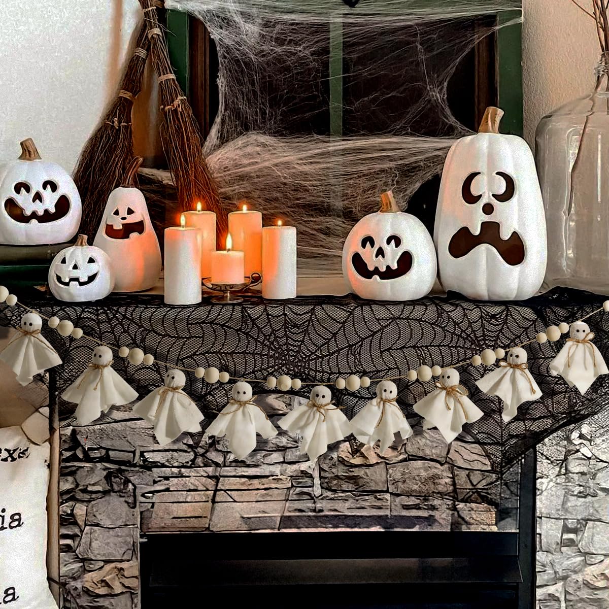 Bunny Chorus 7Ft Cute Halloween Ghost with Wooden Beads Garlands, Handmade Rustic Halloween Banner for Wall Home Indoor Outdoor Spring Decor Supplies, White