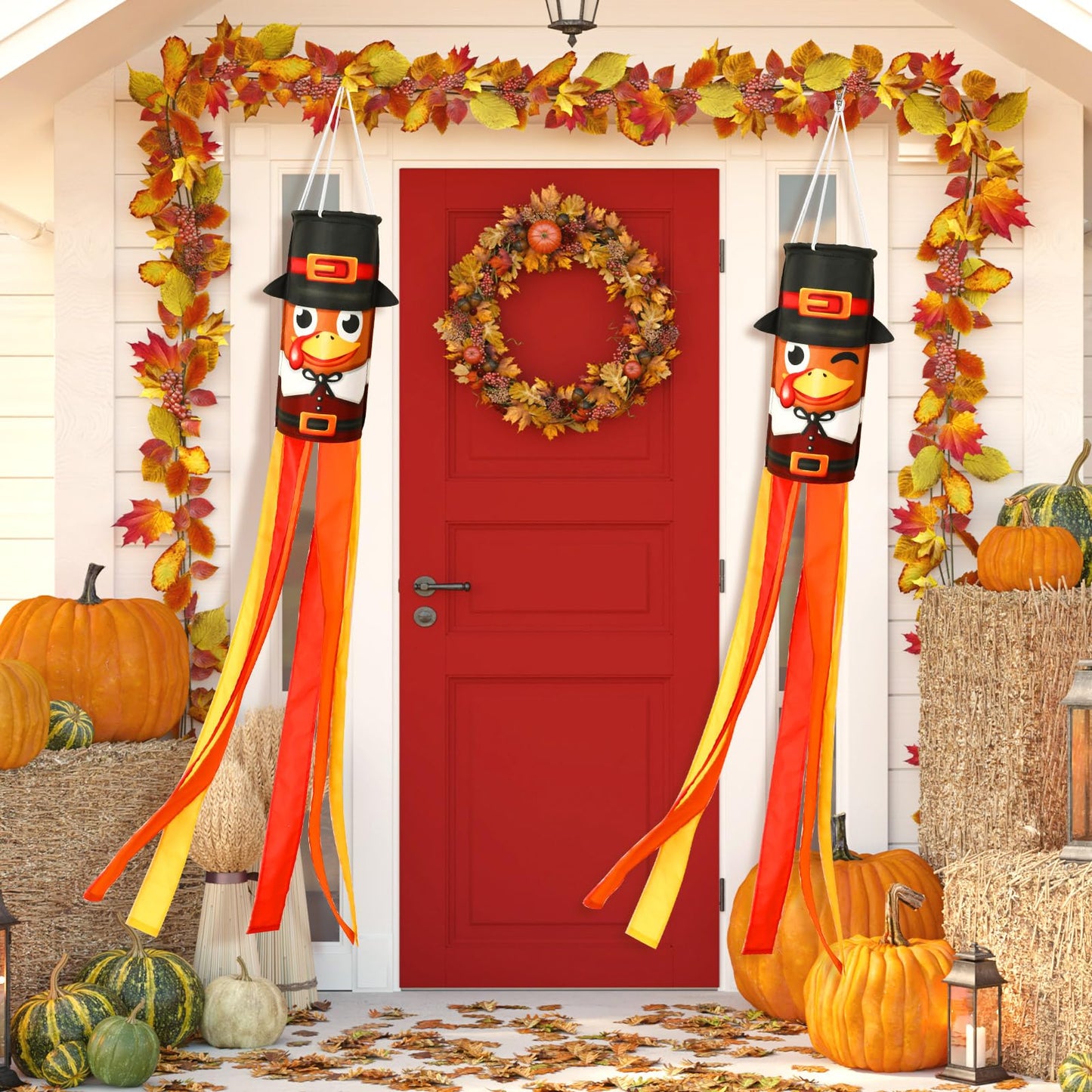 2 Pcs 40 Inch Turkey Windsocks, Fall Turkey Wind Sock Thanksgiving Outdoor Hanging Flag Autumn Outside Decorations for Garden Lawn Yard Balcony Patio Decor