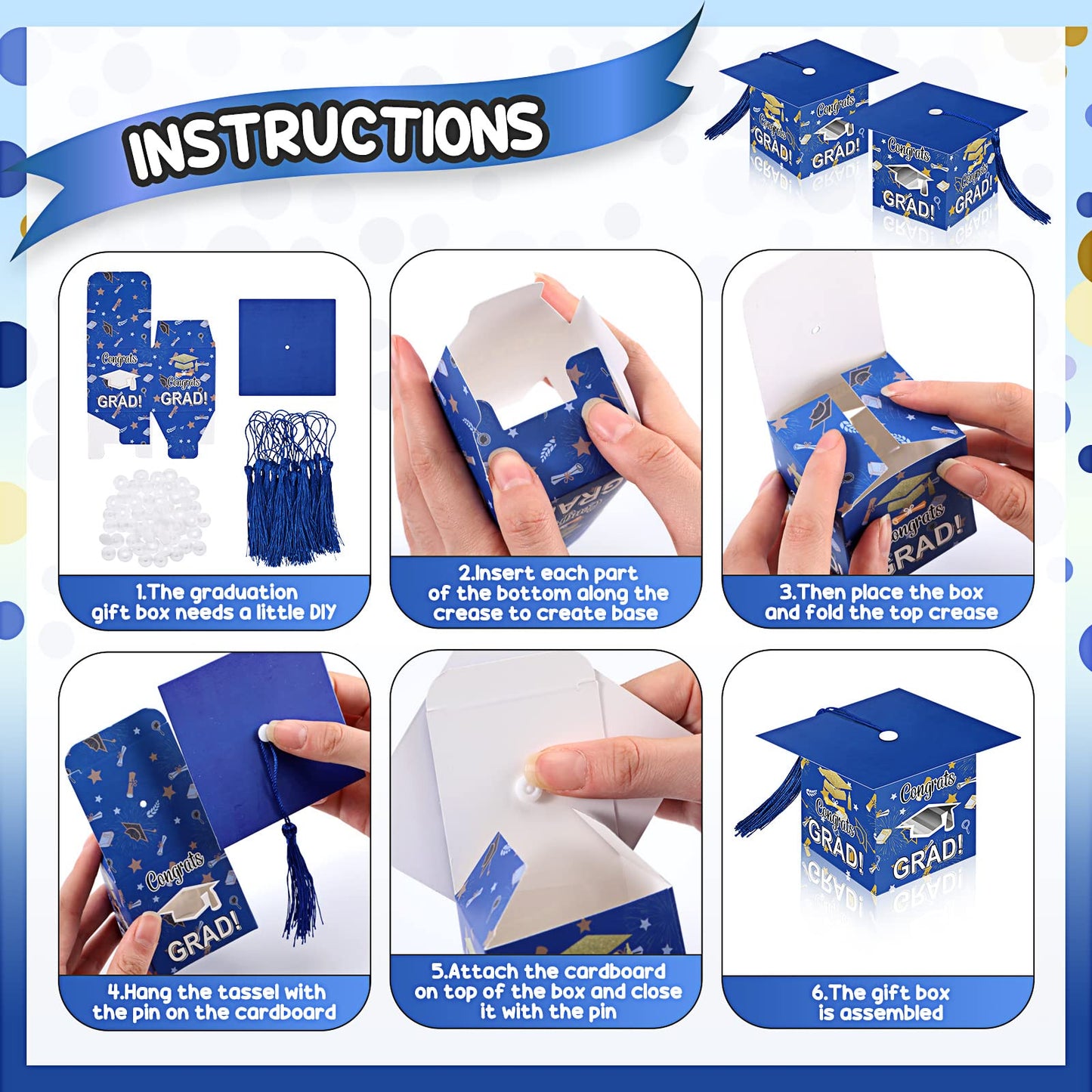 Pajean 30 Pcs Graduation Cap Candy Gift Box Grad Hat Gift Box Treat Boxes with Tassels Graduation Party Favors for Guests Class of 2026 Decorations(Blue)