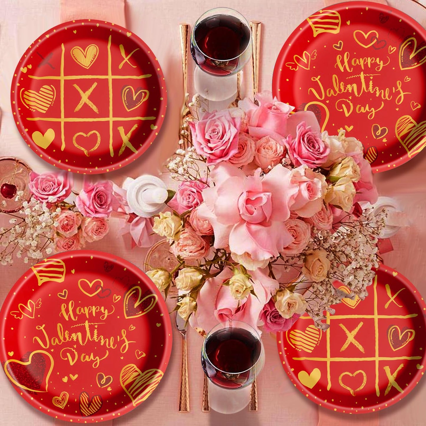 Valentine's Day Party Supplies Tableware Set Red Heart Love Paper Plates Napkins Cups Tablecloth Banner for Valentine's Day Party Decorations, Serves 24