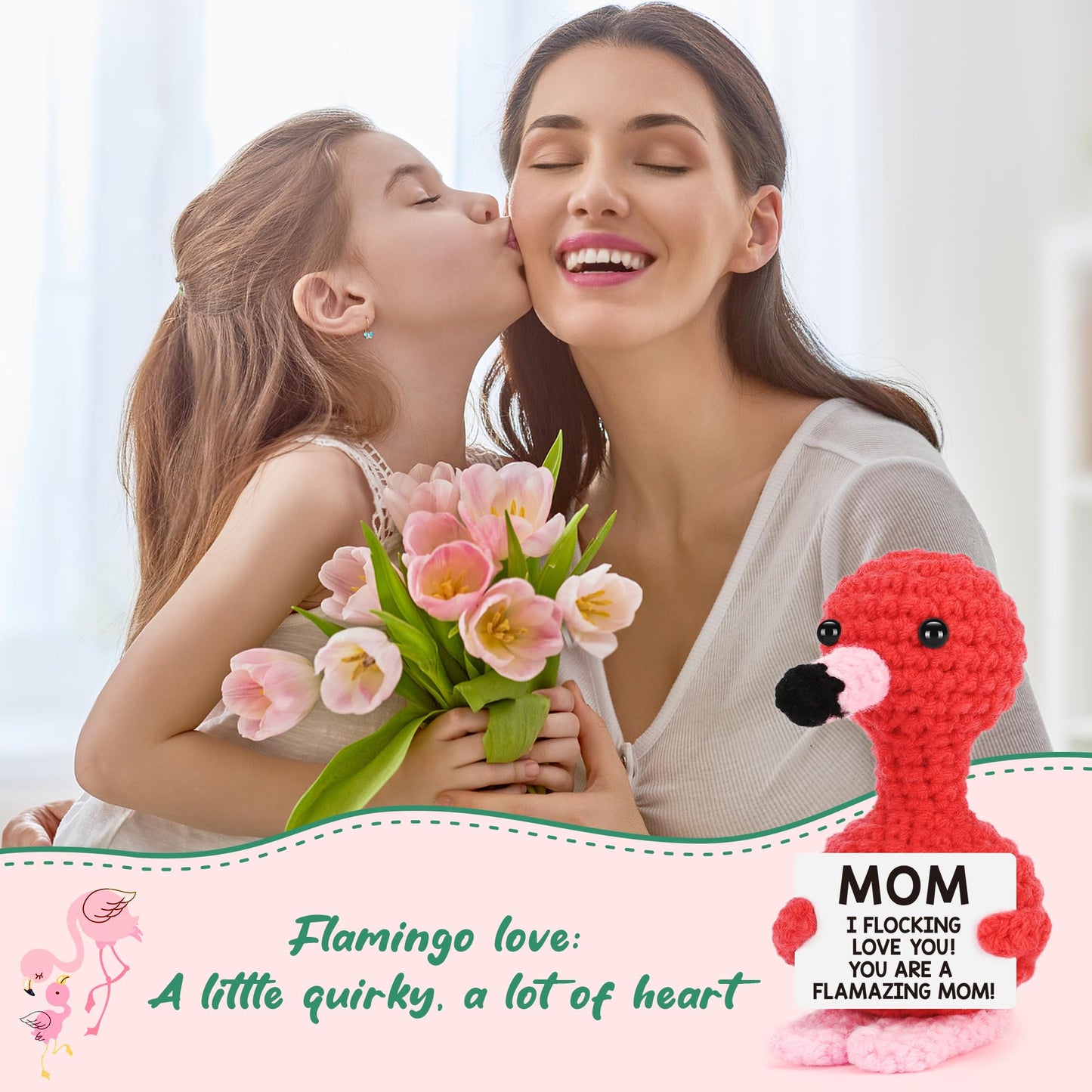 Mothers Day Mom Gifts from Daughter Son, Mothers Day Birthday Mom Easter Gifts, Birthday Card Gift for Mother in Law Stepmom Mama Funny I Love You Mum Mother Present Handmade Crochet Flamingo Decor