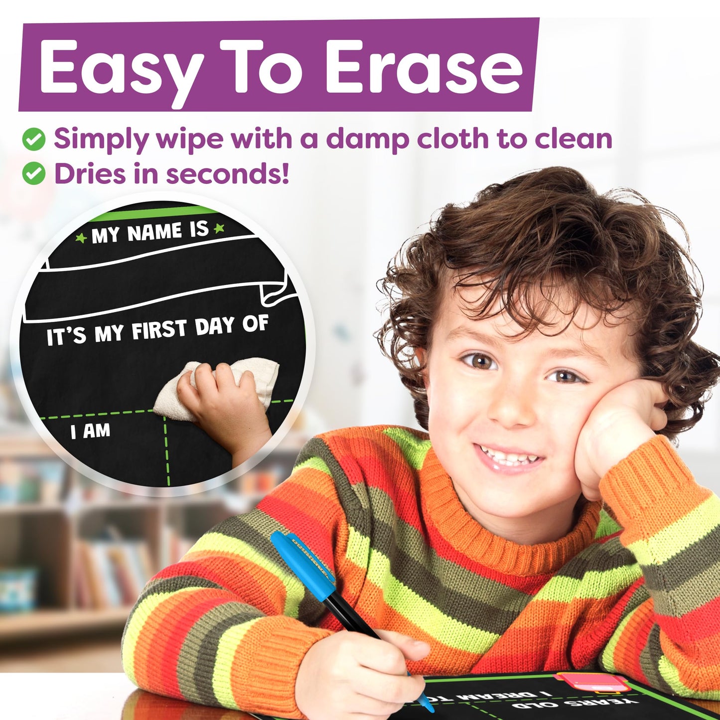 First Day of School Sign Board with Liquid Chalk Markers - 14”x11” Double-Sided & Reusable - My First and Last Day - Back to School Supplies Board for Kindergarten, Preschool