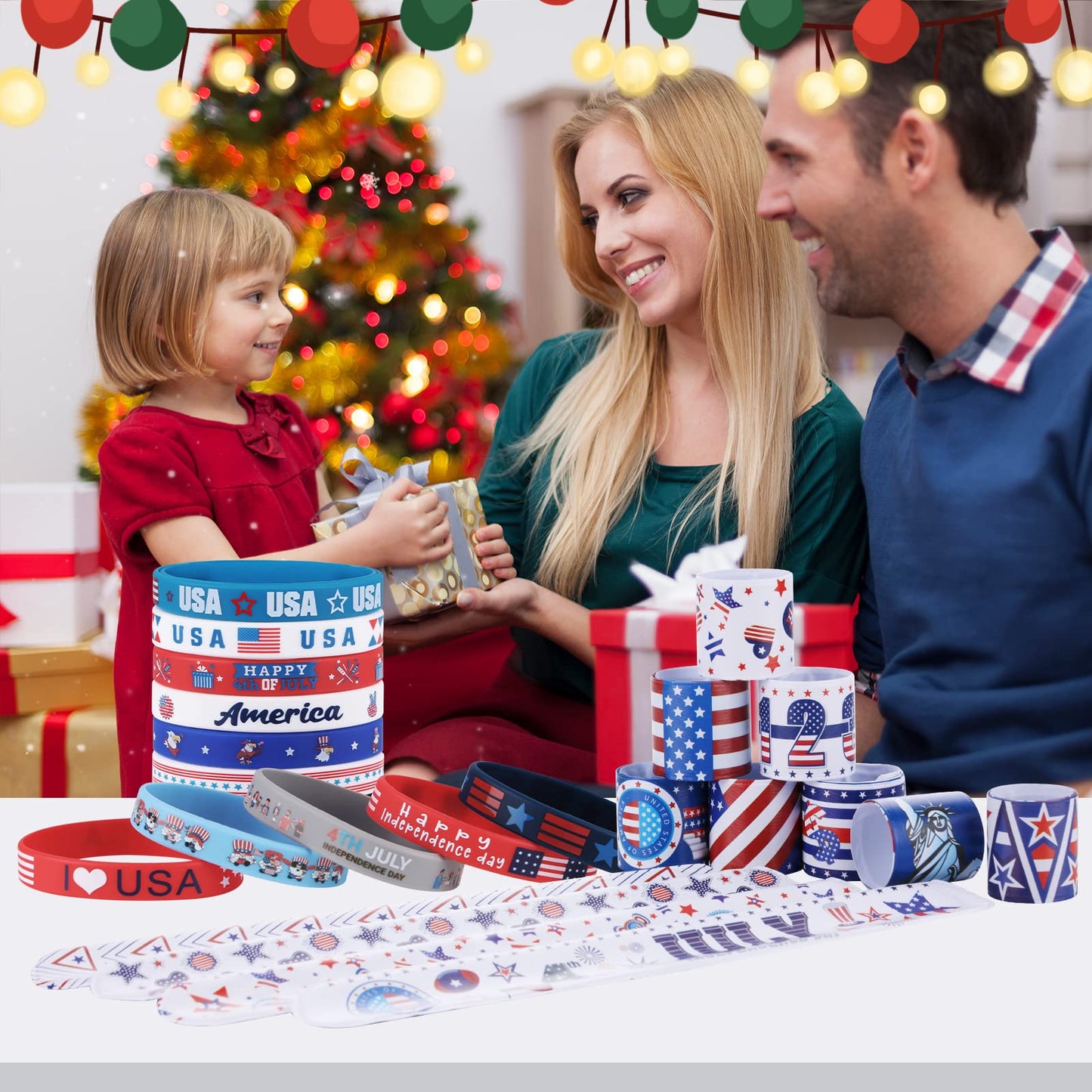 xutengy 48Pcs 4th of July Party Favors Patriotic Decorations American Flag Slap Bracelets Rubber Wristbands Red White and Blue Accessories for Independence Day