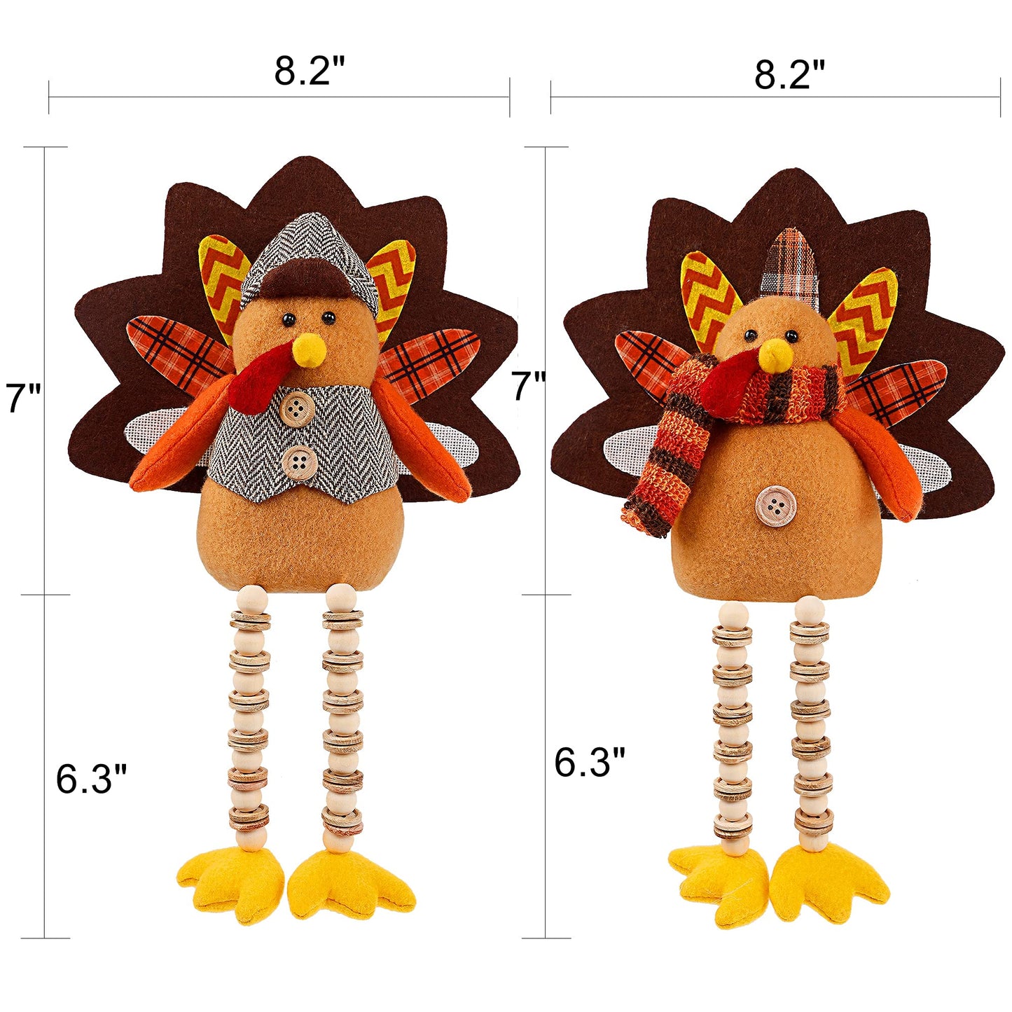 Biswing Thanksgiving Decoration Tabletop Standing Turkey Couple with Dangling Legs, 2 Pack Plush Stuffed Turkeys Shelf Sitters Figurine Gift for Autumn Fall Harvest Halloween Home Table Decorations