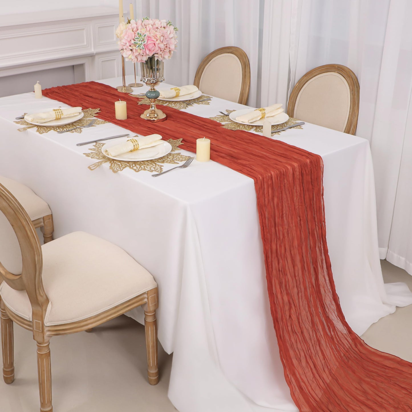 Snowkingdom 13Ft Terracotta Cheesecloth Table Runner, 160inch Long Rust Cheese Cloth Boho Gauze Runner for Wedding Bridal Shower Rustic Sheer Fall Thanksgiving Table Decorations