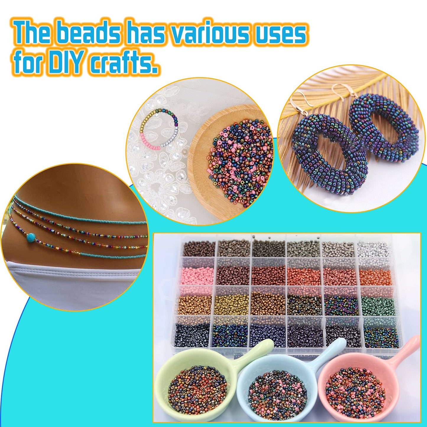 EuTengHao 8/0 Glass Seed Beads Kit, 3mm Metal Color Waist Beads, 24Colors Small Pony Beads with String for Bracelet Necklace Earring Jewelry Making (14405PCS, 600 Per Color)