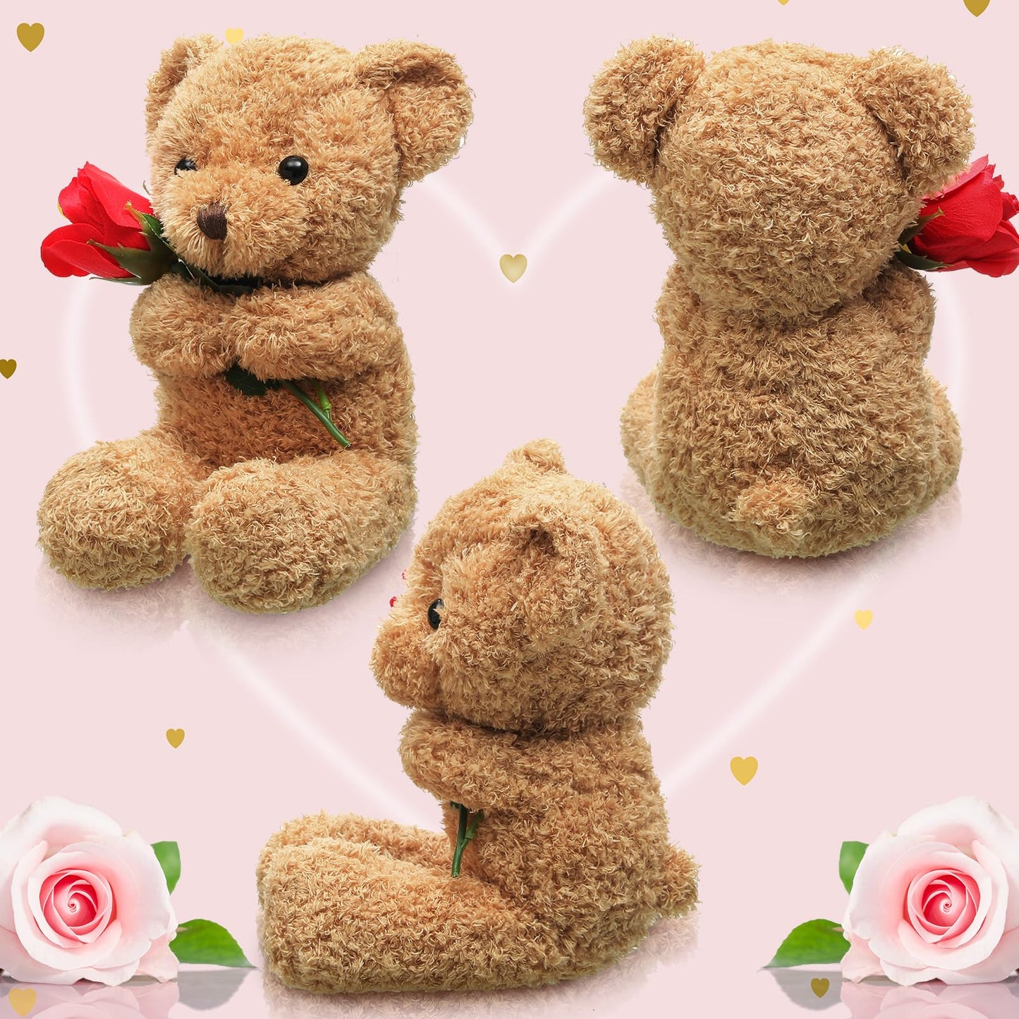 Valentine Bear Stuffed Animal Gift with Rose Funny Cute Bear Stuffed Animal Plush Gift for Valentine Mother Birthday Wedding Christmas, 11.8 Inches(Beige)