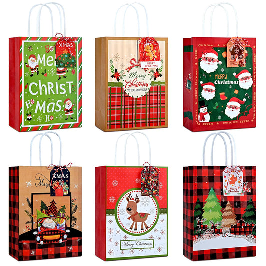 12 PCS Christmas Kraft Gift Bags, Small Treat Bags with Presents Tags, Christmas Paper Goodie Bags with Handle, Xmas Holiday Gift Bags for New Year Party Favors
