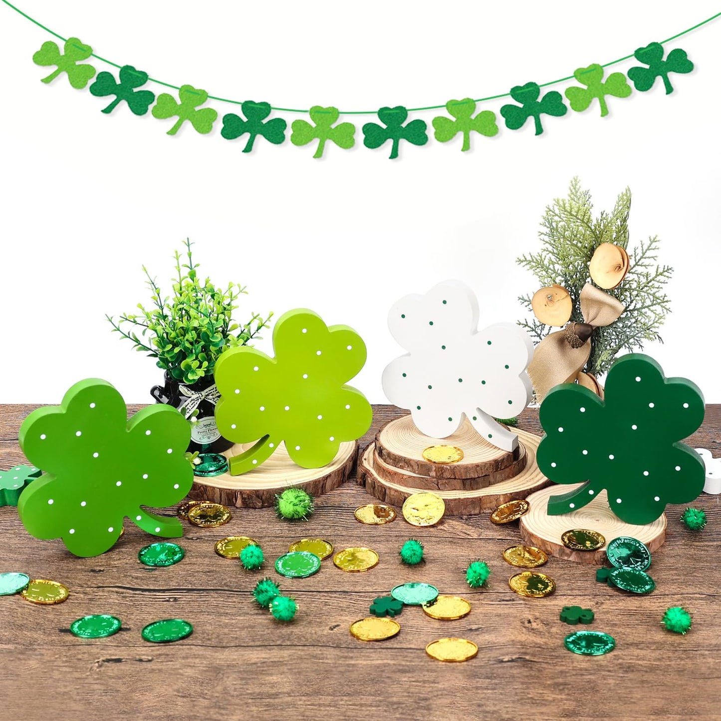 AKEROCK St Patricks Day Decor, Wooden Shamrock Decor for Table, Tiered Tray, Office Desk, Mantle Saint Patricks Day Decorations for the Home, 4 PCS Shamrock Decorations