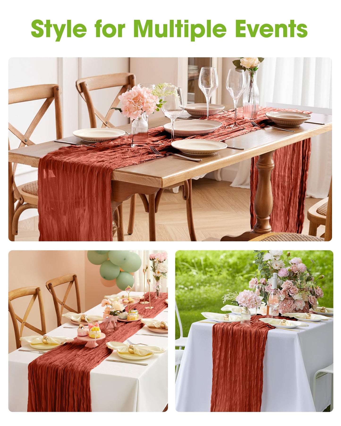 2-Pack Fall Thanksgiving Table Runner, 120'' Boho Table Cloth Decorations for Party, Baby Shower, Wedding and Farmhouse, Fabric Room Decor, Rust, Terracotta