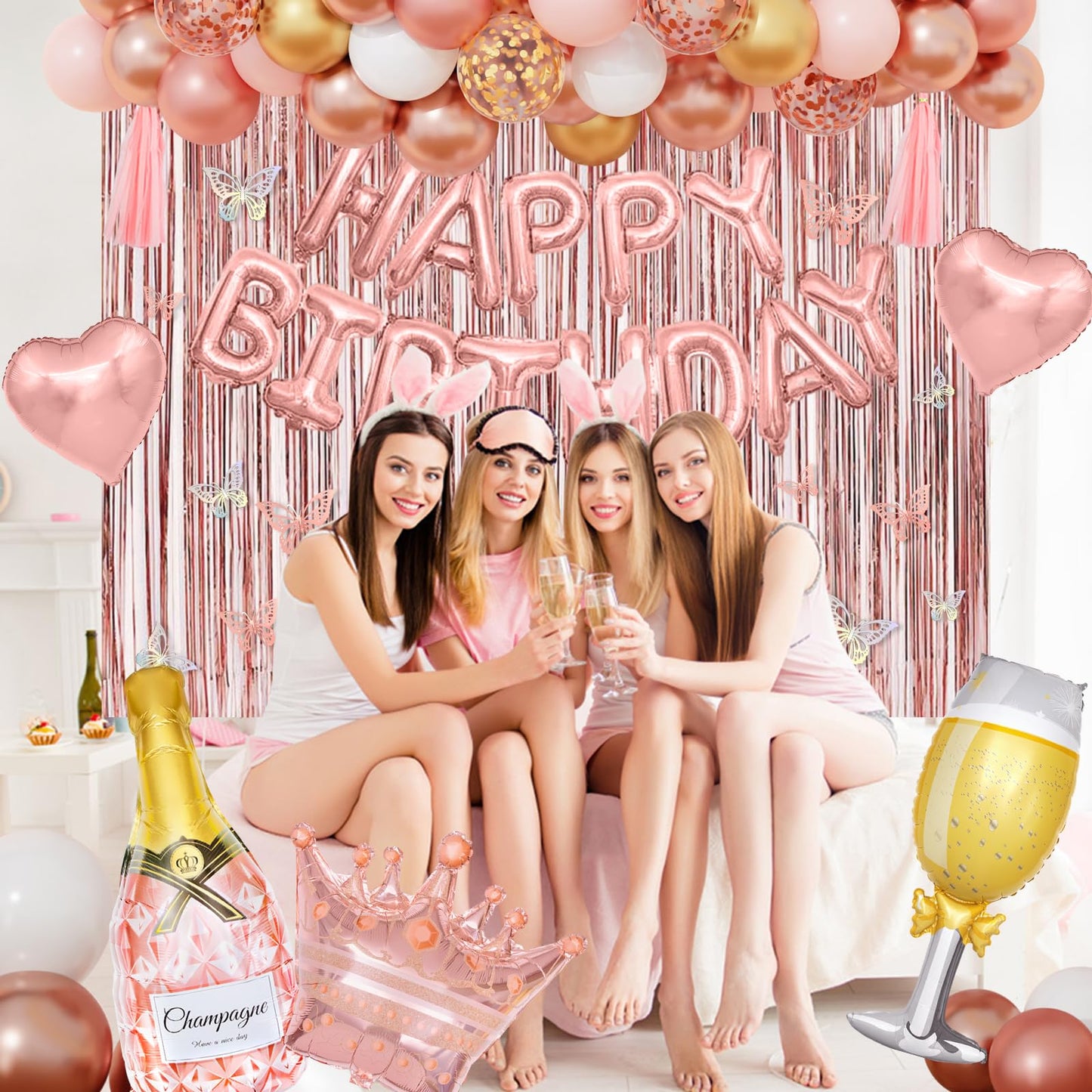Amandir Rose Gold Birthday Party Decorations for Women Girls, Rose Gold Pink Confetti Foil Balloons, Butterfly, Fringe Curtain, Happy Birthday Banner, Cake Topper for30th 40th 50th 60th Supplies Decor
