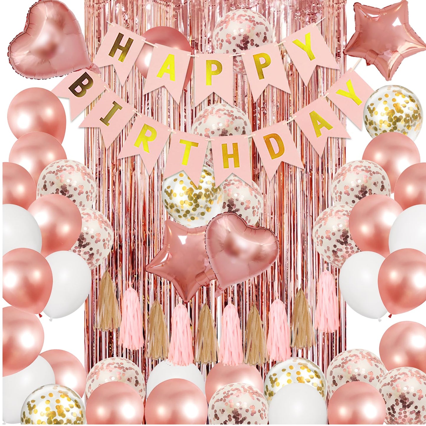 Amandir Rose Gold Birthday Party Decorations Kit, Confetti Foil Rose Gold Balloons Happy Birthday Banner Tassels Metallic Fringe Curtains Valentines day 30th 40th 50th 60th Party Supplies for Women