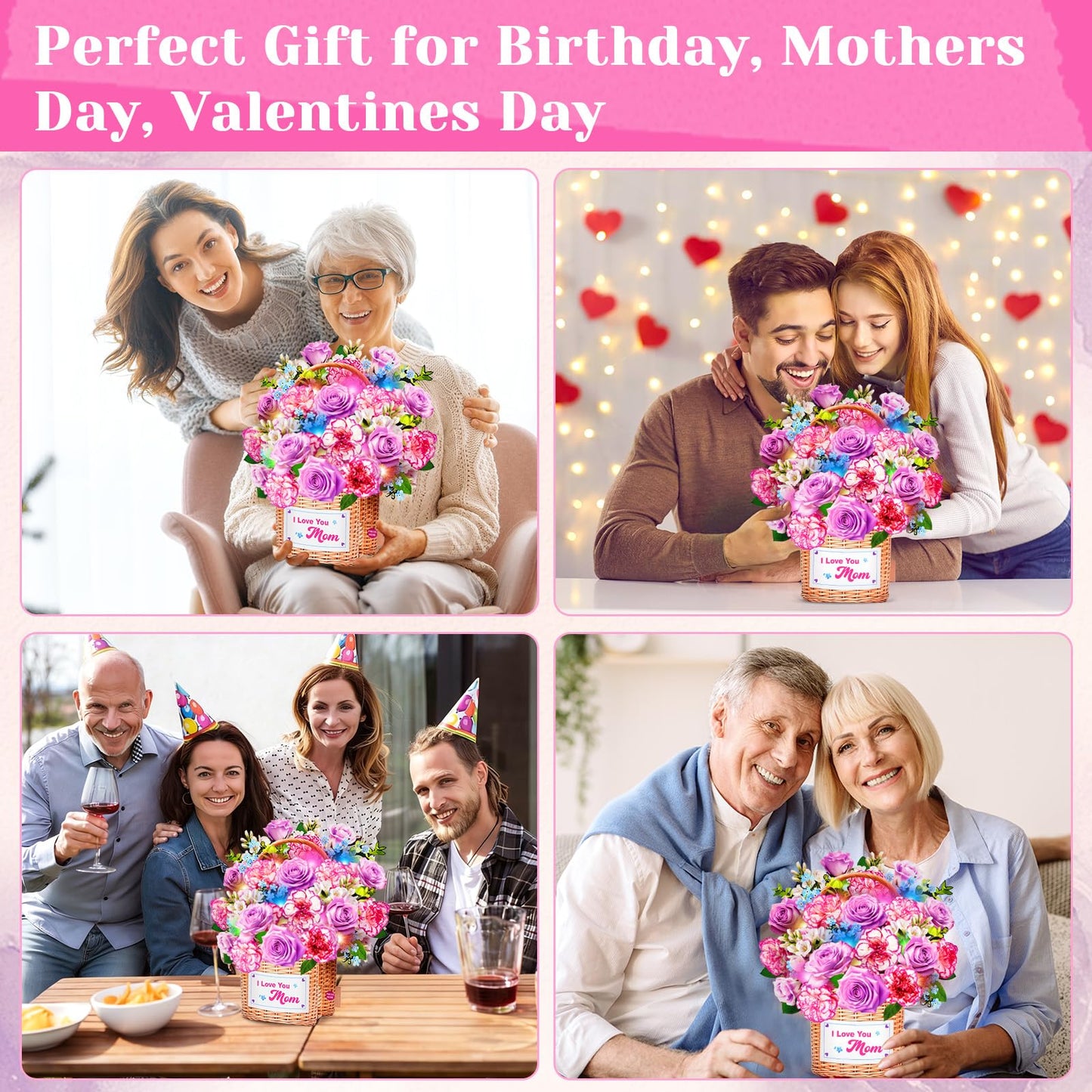 MZD8391 Mothers Day Card With Music & Lights, 3D Pop Up Mothers Day Gifts, Carnation & Rose, 10 Inch Life Sized Forever Flower Bouquet Birthday Card for Mom Wife Women Her