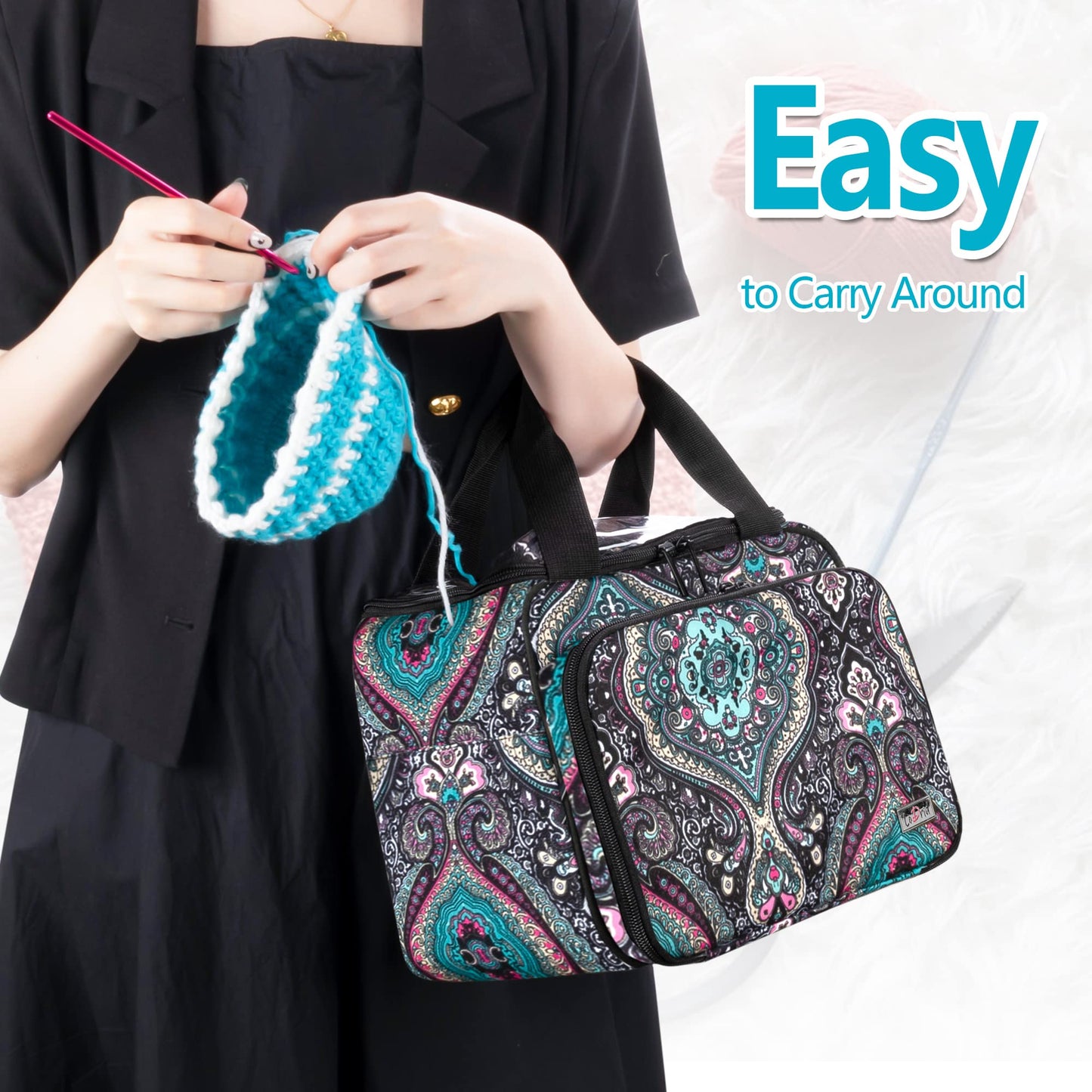 LoDrid Small Yarn Storage Bag with 2 Grommets, Portable Knitting Tote for Knitting Kit & Crochet Accessories, Yarn Project Organizer for Knitting Supplies Set for Adults, Totem (Bag Only)