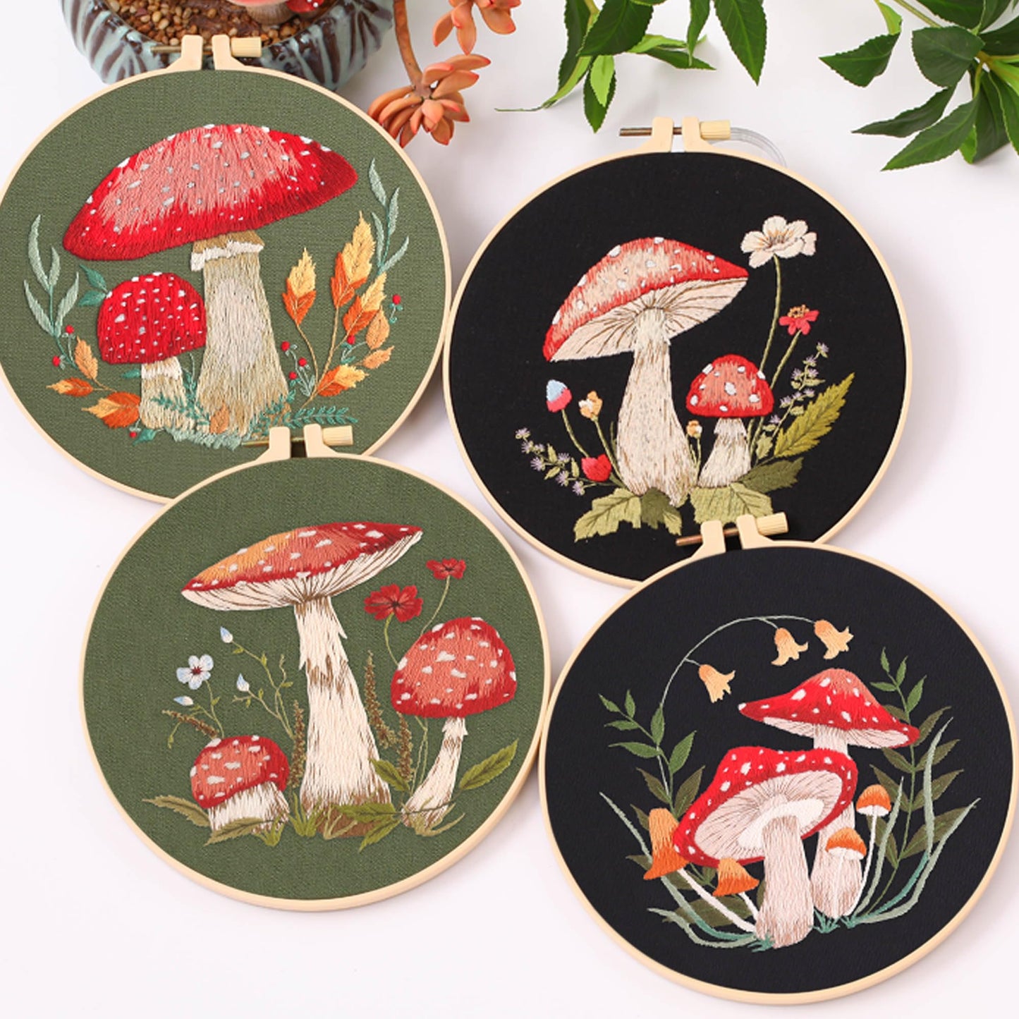 REEWISLY 4 Pcs of Embroidery Starter kit with Patterns and Instructions, DIY Adult Beginner Embroidery Kits, Including 2 Plastic Embroidery Rings, 1 Pair of Scissors, Colored Threads and Needles