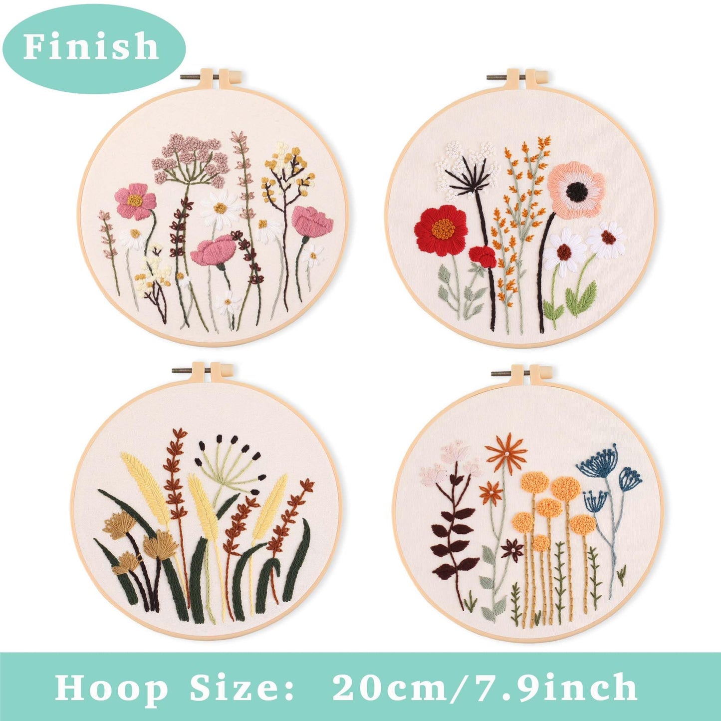 4ps Embroidery Starter kit with Flowers Patterns and Instructions, DIY Adult Beginner Cross Stitch Kits, Including 2 Plastic Embroidery Hoop, 1 Pair of Scissors, Colored Threads and Needles