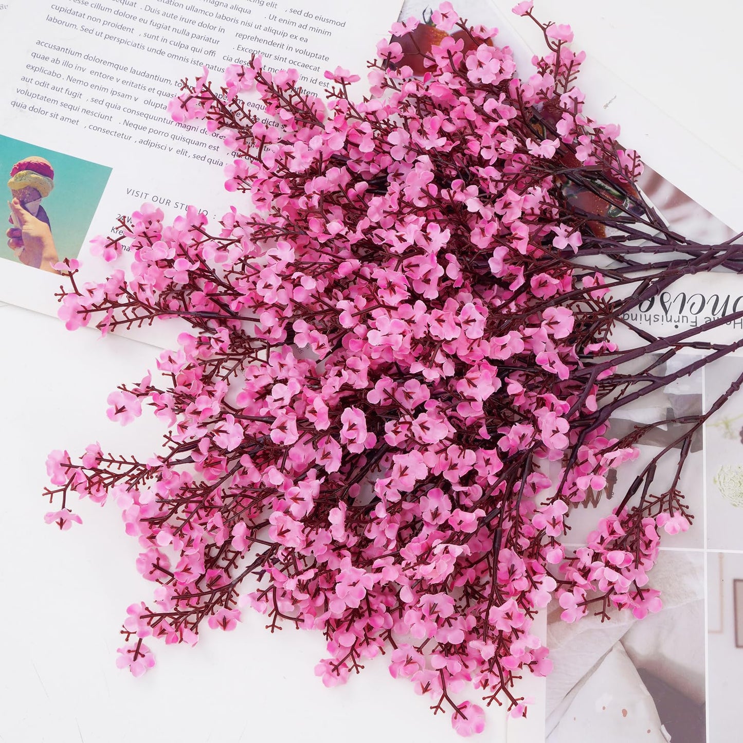Yastouay Pink Fake Flowers Artificial Flowers, 5 Pcs Real Touch Silk Flowers Faux Artificial Flowers for Decorations, Babys Breath Artificial Flowers Bulk for Spring Decor Floral Arrangement