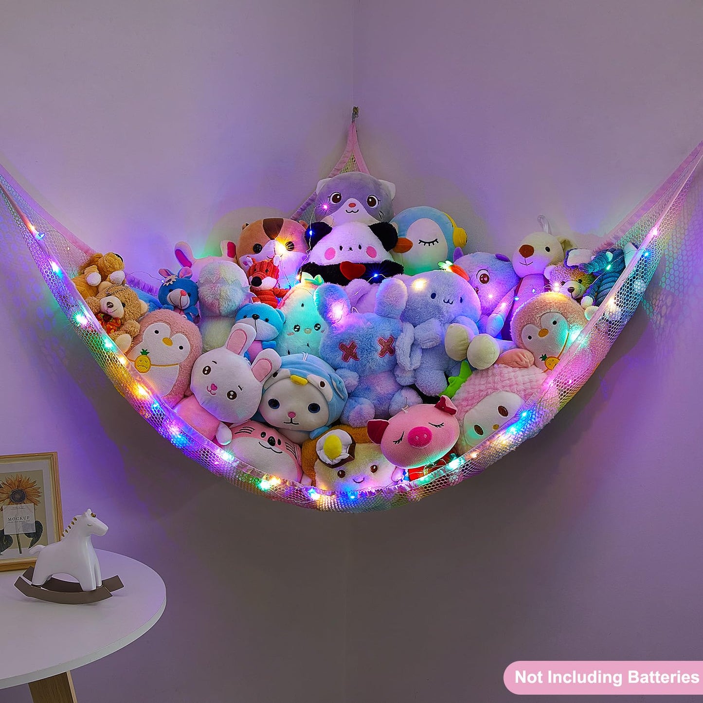 Castle Stuffed Animals Net or Hammock Kids Toy Storage Organizer with LED Light Hanging Corner Stuffed Animals Holder Kids Girls Room Decor(Pack of 1)