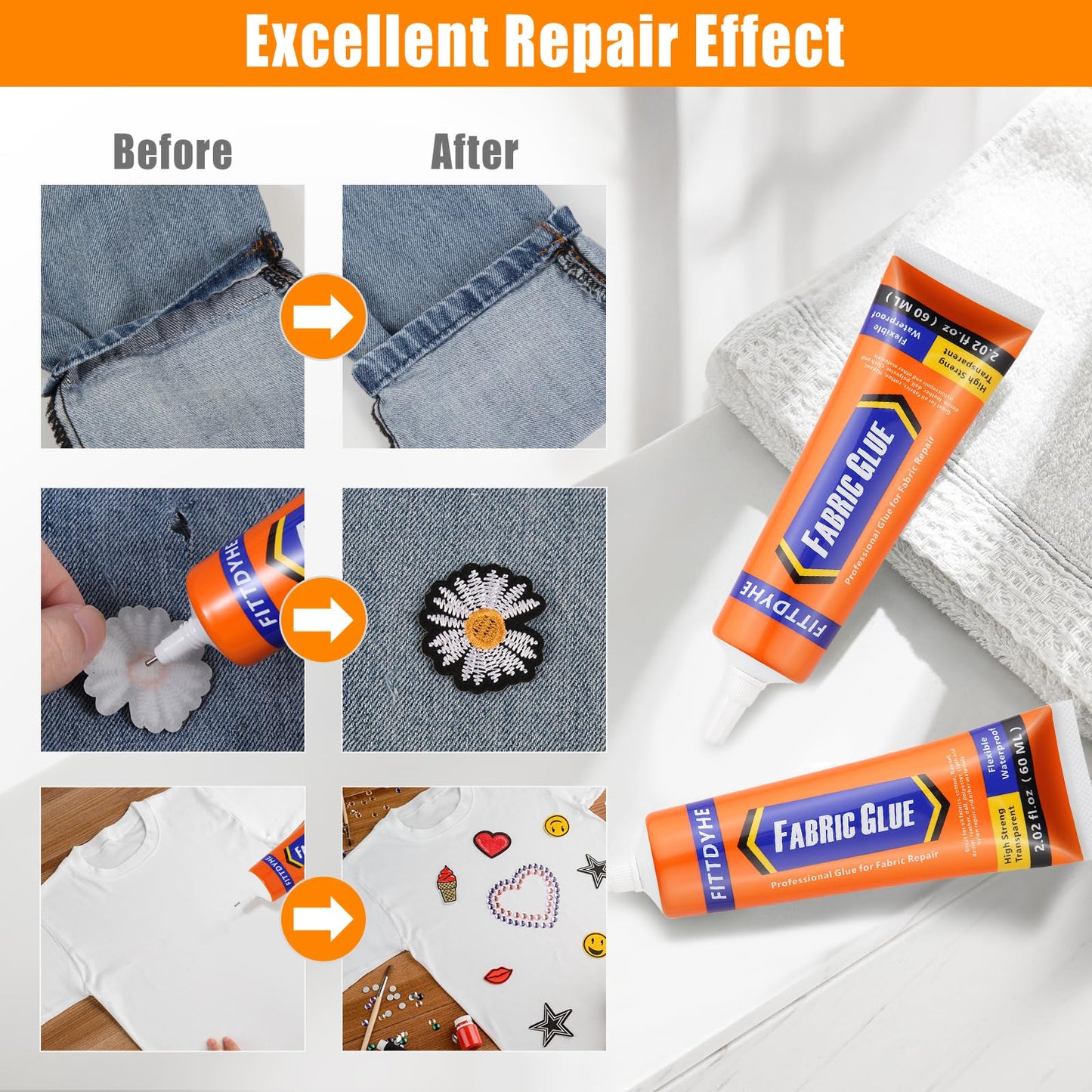 Fabric Glue Permanent, 60 ML Washable Clear Clothing Glue, Super Fabric Adhesive for Rhinestones, Patches, Clothes, Denim, Leather, Polyester, Fabrics, Doll Repair, Flannel, Cotton