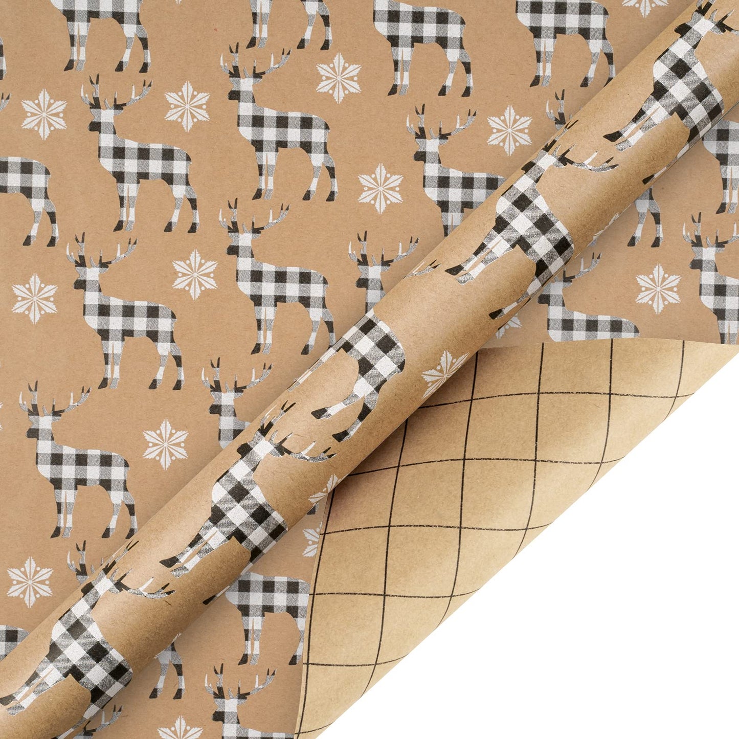 Christmas Wrapping Paper, Kraft Paper - Deer, Snowflake and Plaid Style Designs - 4 Rolls - 30 inches x 10 feet per Roll