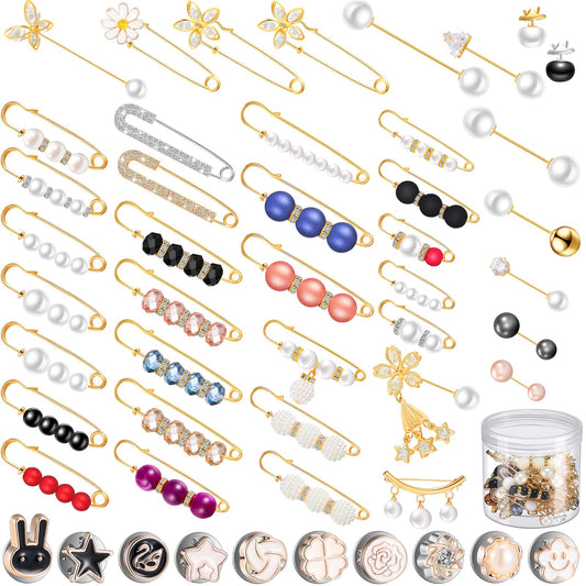 50 Pieces Pearl Brooch Pins Sweater Shawl Clips Decorative Safety Pin Hijab Pins Faux Pearl Rhinestones Collar Safety Pin for Women Girls Clothing Dresses Decoration Accessories with Storage Tank