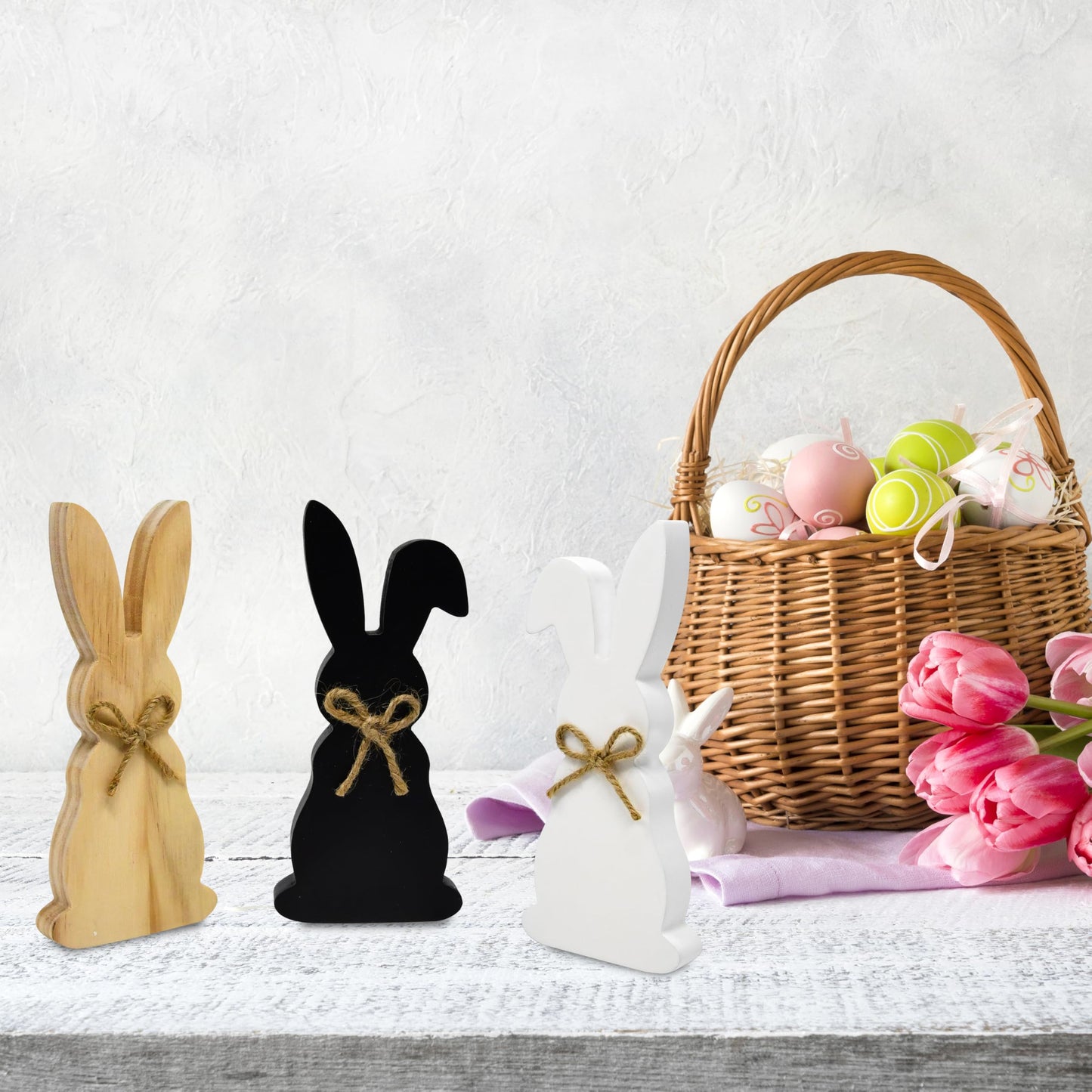 Easter Wooden Bunny Decor Set of 3 Rustic Farmhouse Spring Rabbit Table Decorations Wood Block Figurines Tiered Tray Shelf Mantel Display