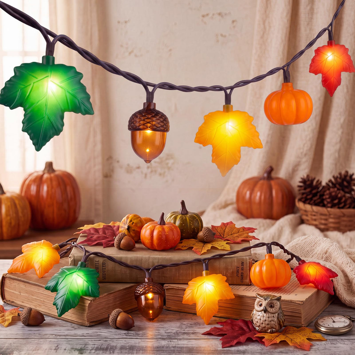 8.5FT 10LED Pumpkin Maple Leaf Acorn Fall String Lights Decorations Plug in