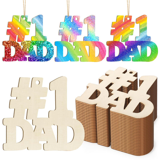 Wooden DAD Ornaments to Paint Father's Day Birthday Party Decoration Cutouts Unfinished 24PCS 3.5 x 3 inches, DIY Blank Unfinished Wood Daddy Ornament for Home Crafts Hanging Father Day Decoration