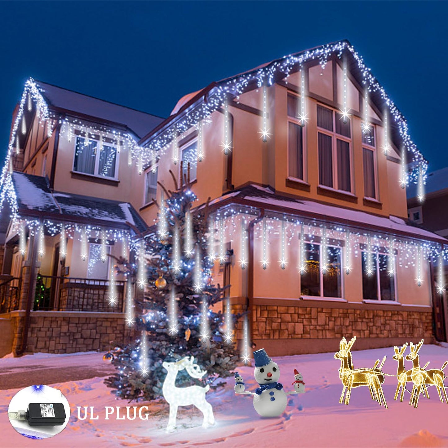 Christmas Lights Outdoor UL Certified Meteor Shower Lights 12 Inch 8 Tubes 192 LED Falling Rain Drop Icicle Snow Cascading Light for Xmas Tree Wedding Party Garden Decoration, White