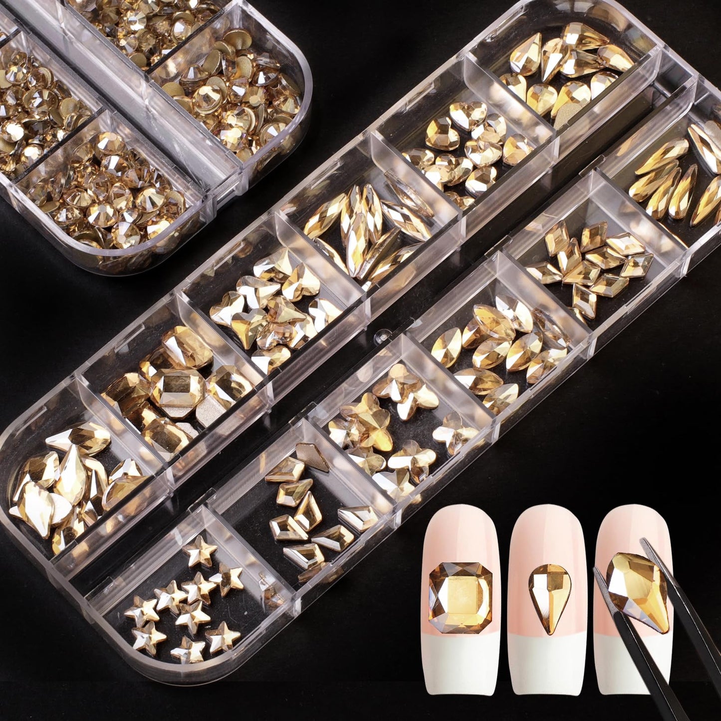 2120Pcs Champagne Gold Crystal Nail Rhinestones Round Beads Multi Shapes Sizes Flatback Glass Gems Stones for Nail DIY Crafts Clothes Shoes Jewelry