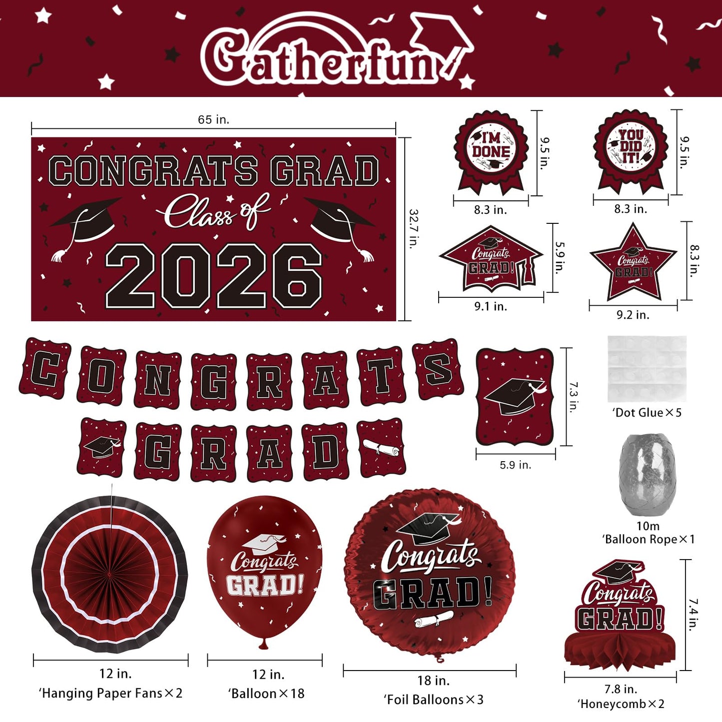 Maroon Themed 2026 Graduation Decorations Set - Congrats Grad Banner, Class of 2026 Backdrop, Balloons & Streamers Kit - Complete Party Supplies for High School & College Celebrations