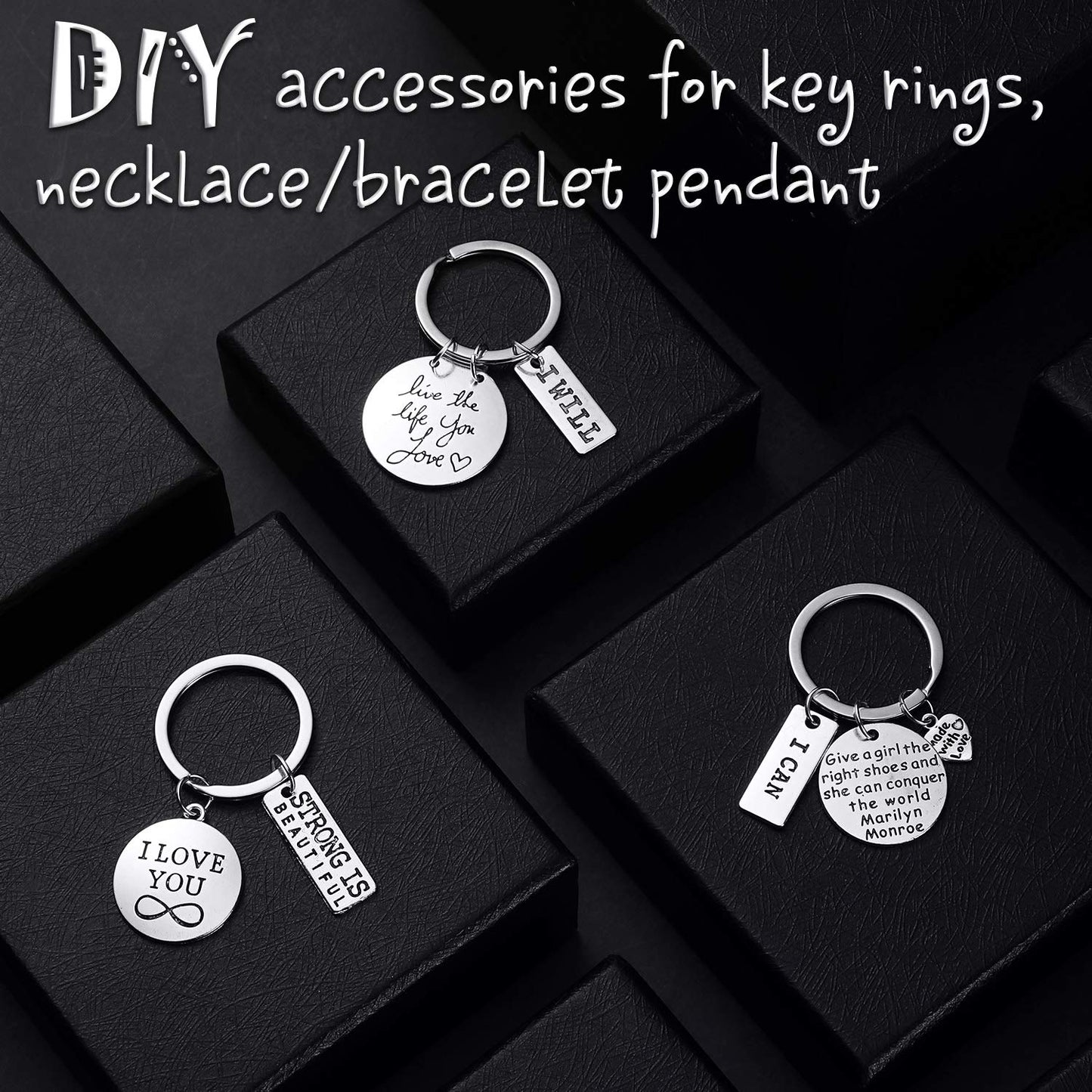 Hicarer 259 Pieces Inspirational Motivational Keychains Charms Bulk Inspirational Words Charms with Open Jump Key Rings for Various DIY Necklaces, Bracelets