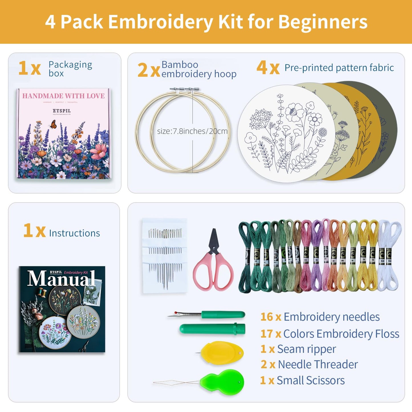 ETSPIL Embroidery Kit for Adults & Teens, 4-Pack Floral Samplers, 2 Adjustable Hoops, Pre-Printed Fabric, 17 Vibrant Threads, 16 Needles, Beginner-Friendly Stitch Guide & Video, DIY Craft Gift