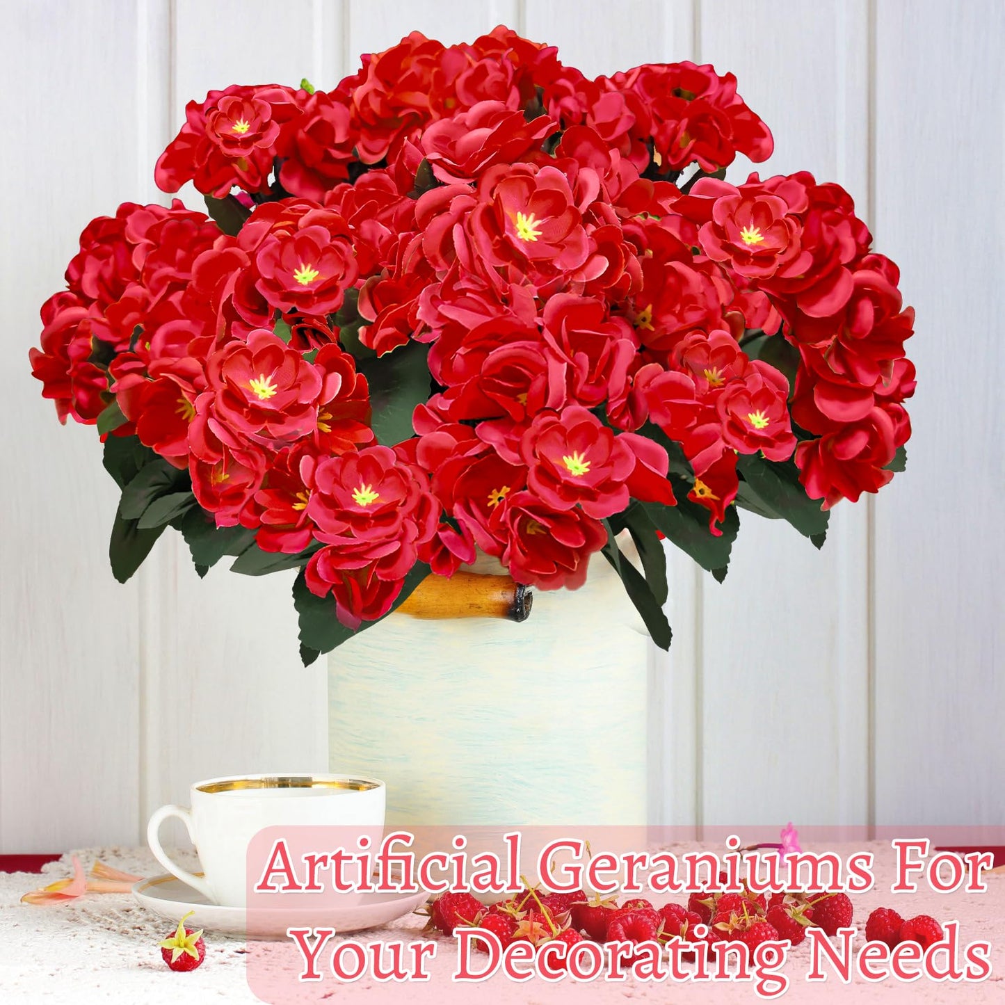 TURNMEON Artificial Geraniums Flowers for Outdoors Summer Derby Day Decoration, 4 Bundles Fake Flowers Silk Red Flowers UV Resistant No Fade Faux Plants for Gardens Planter Patio Indoor Cemetery Decor