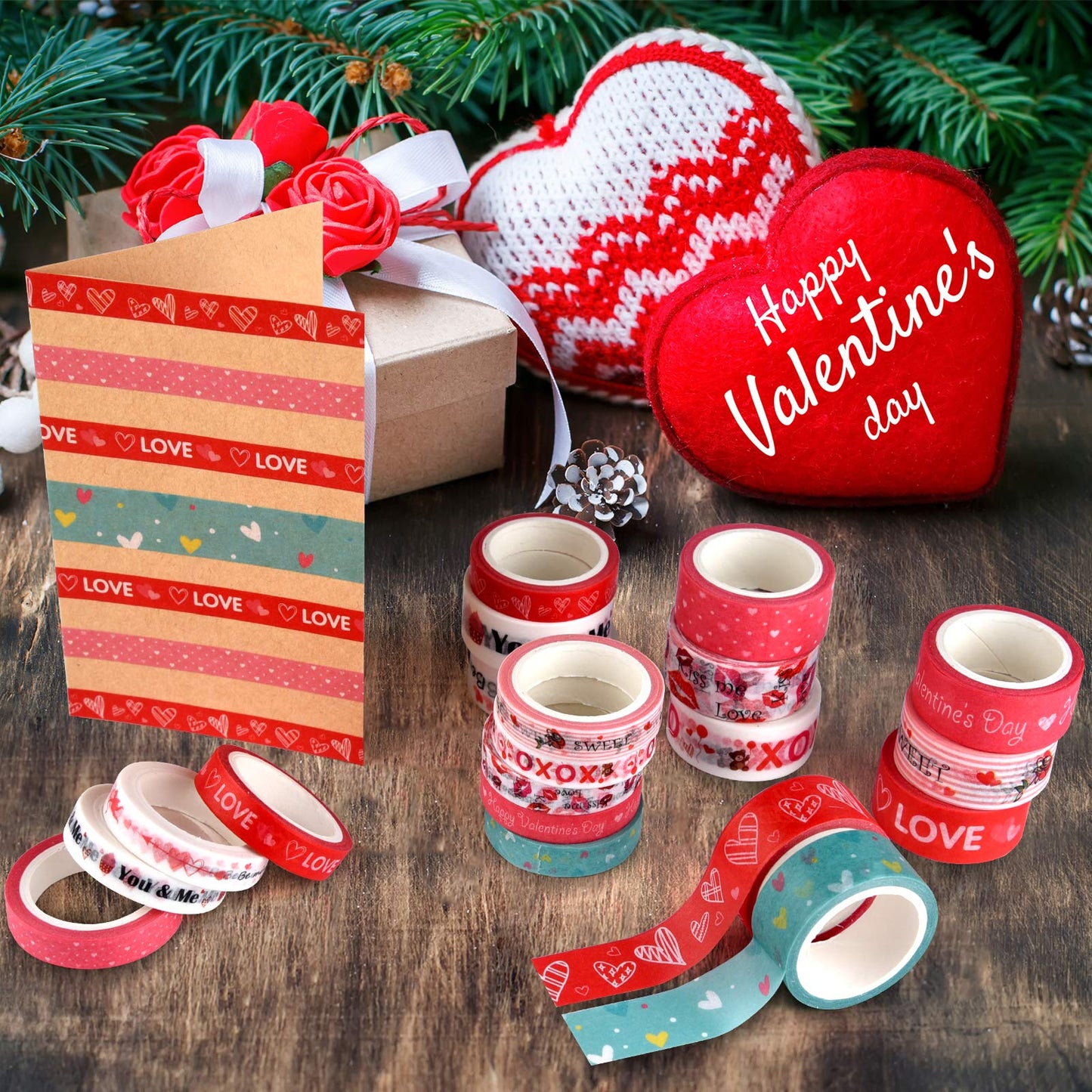 20 Rolls Valentines Washi Tape Set, Pink Heart Washi Tape 8MM/15MM Wide Love Craft Tape Valentines Gift Wrapping Tape for DIY Valentine's Day Greeting Card, Holiday Party Supplies