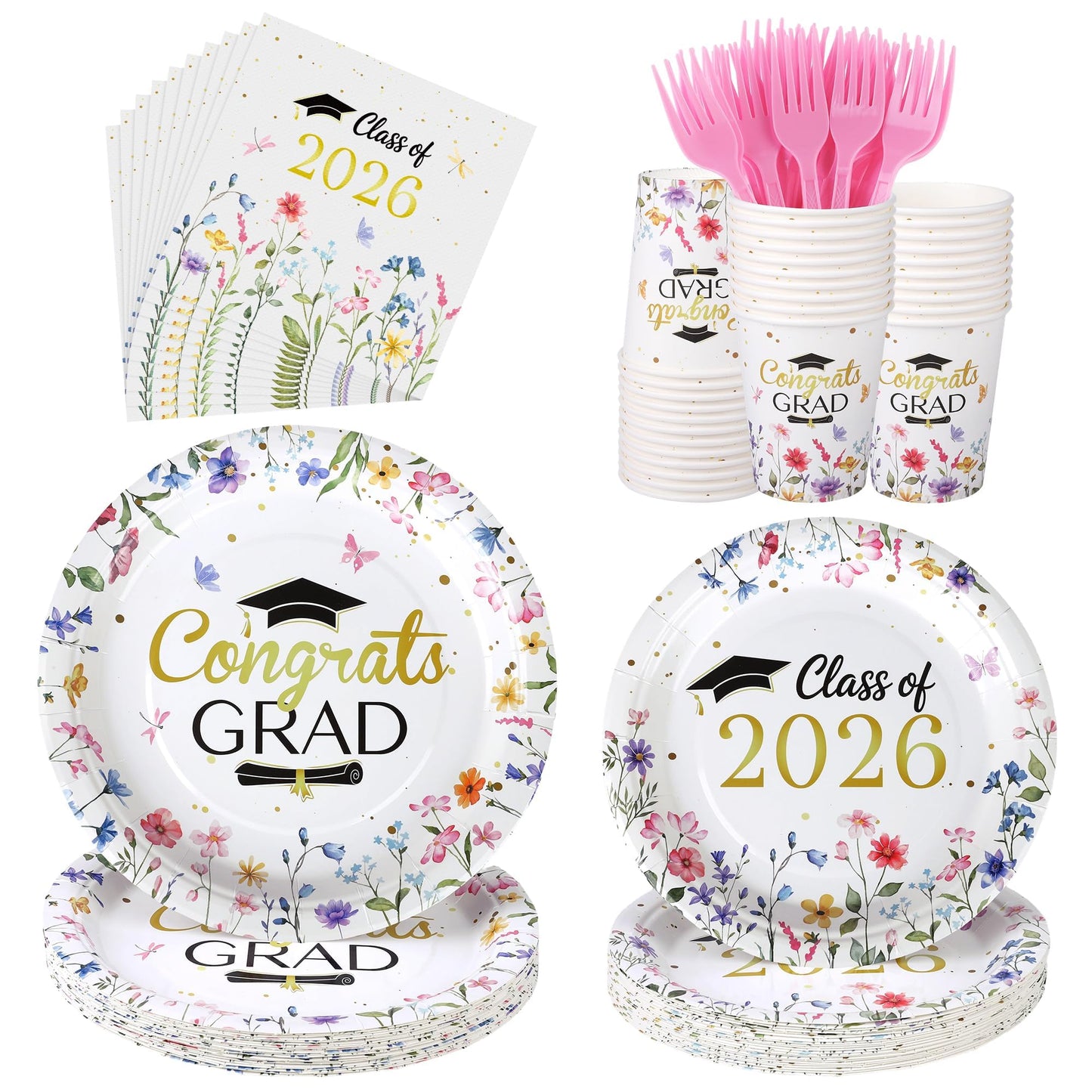 Kochorie 144 Pieces Class of 2026 Graduation Party Supplies, Congrats Grad Tableware Sets Including Disposable Paper Plates Napkins Cups Forks Serves 24 for Floral Graduation Party Decorations