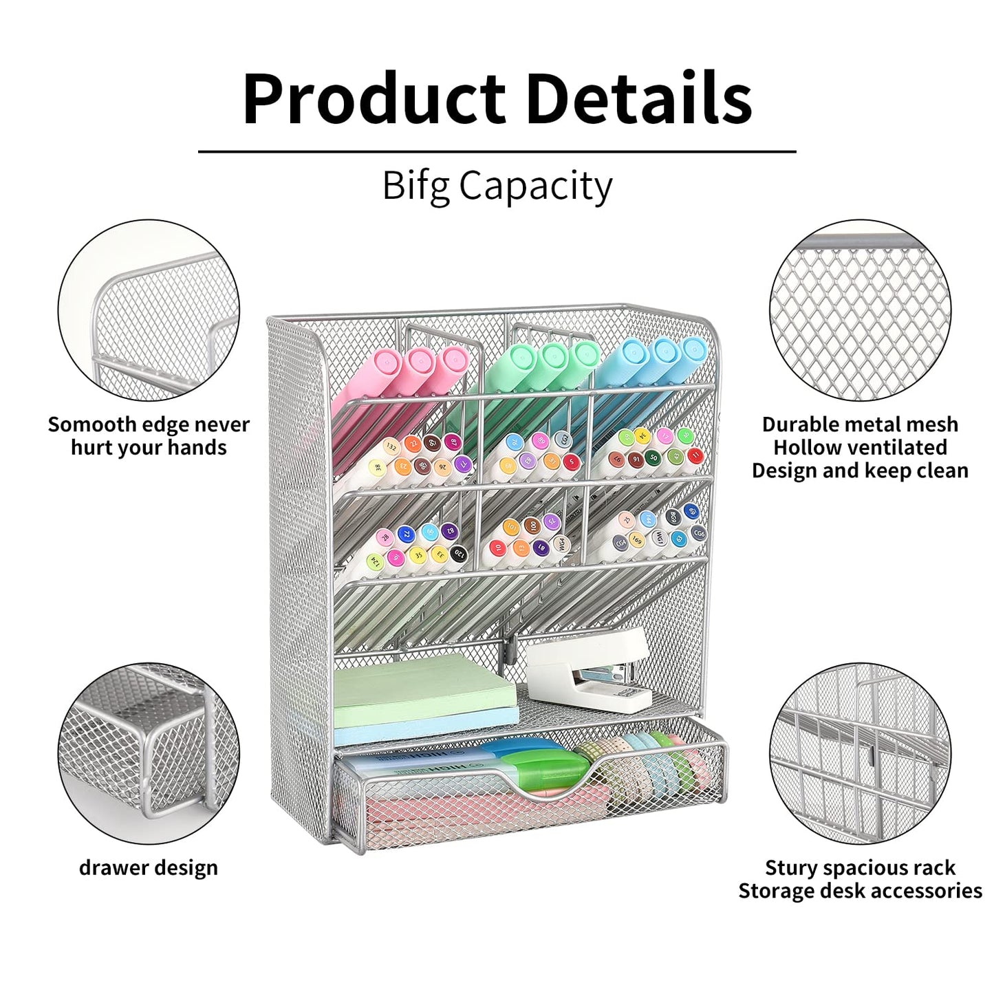 Spacrea Pen Holder Desk Organizer - Desk Organizers and Accessories, Pencil Holder with 10 Compartments and 1 Drawer (Silver)