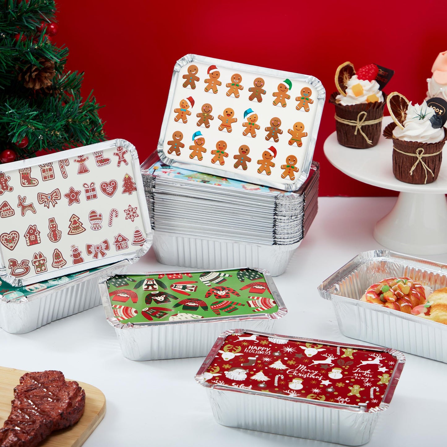 JOYIN 48 Pieces Christmas Foil Containers with Lids, 8 Holiday Designs, 8.5"x6"x2" Rectangular Treat Foil Containers, Disposable Food Storage Pan for Holiday Leftovers, Xmas Gift-Giving