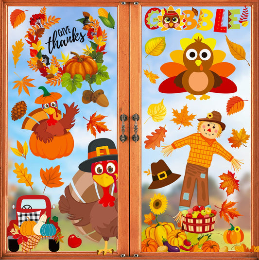 145PCS Thanksgiving Window Clings, Fall Window Decorations Pumpkin Fall Leaves Window Stickers Decals Gobble Turkey Stickers Thanksgiving Decor for Home Office Classroom