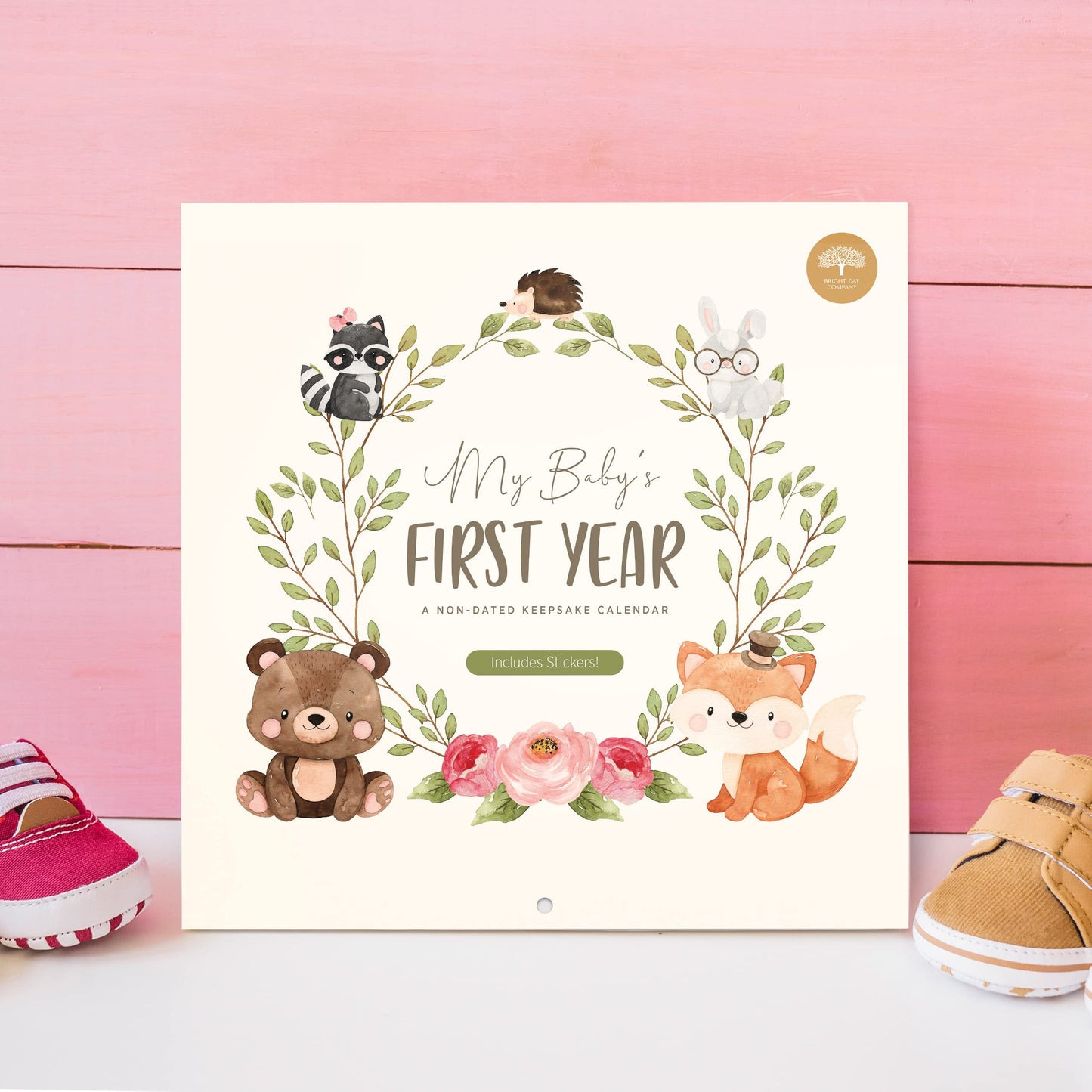 Baby's First Year Calendar by Bright Day - 1st Year Tracker - First Year Book - Journal Album to Capture Precious Moments - Milestone Keepsake for Baby Girl or Boy - Includes Stickers