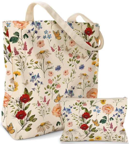 2 Pack Canvas Tote Bag - with Makeup Pouch Zipper Bag for Women Retro Flowers Reusable Grocery Cotton Cloth Shoulder Bag for Gym, Travel, Work