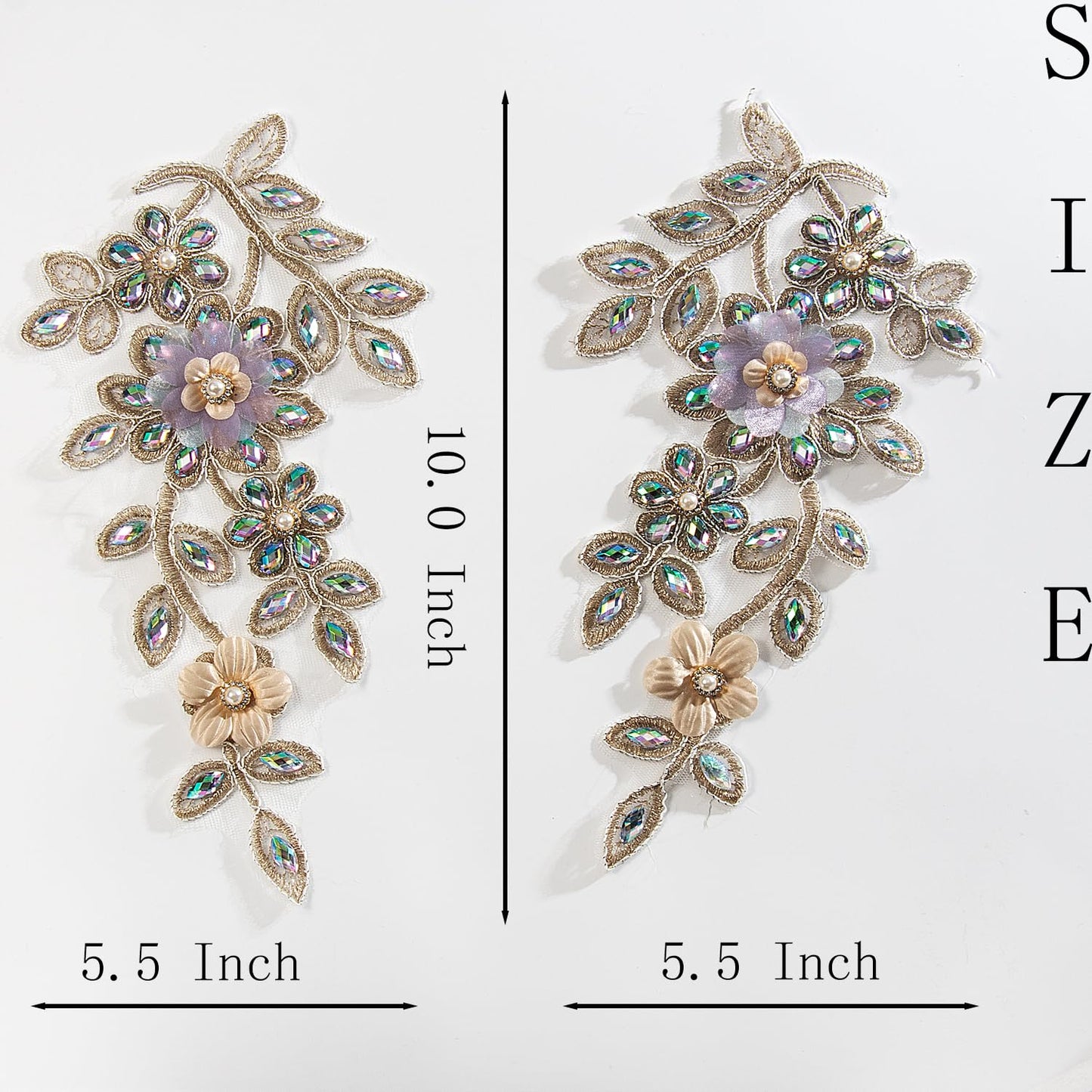 Silvora Pair Embroidered Beaded Pearl Flower Fabric Colorful Rhinestones Applique, Handmade Sewing Tool for Wedding Dress Gown Bodice Costume Clothing Craft DIY