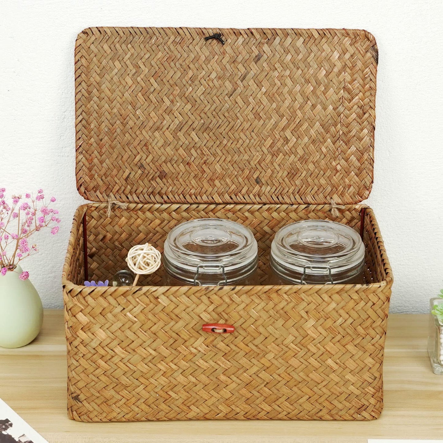 Casaphoria Large Square Sea Grass Baskets for Storage Seaweed Woven Sundries Baskets Sturdy and Durable Natural Material for Make-up with Lid Big Rectangular Seagrass Towel Baskets for Organizing