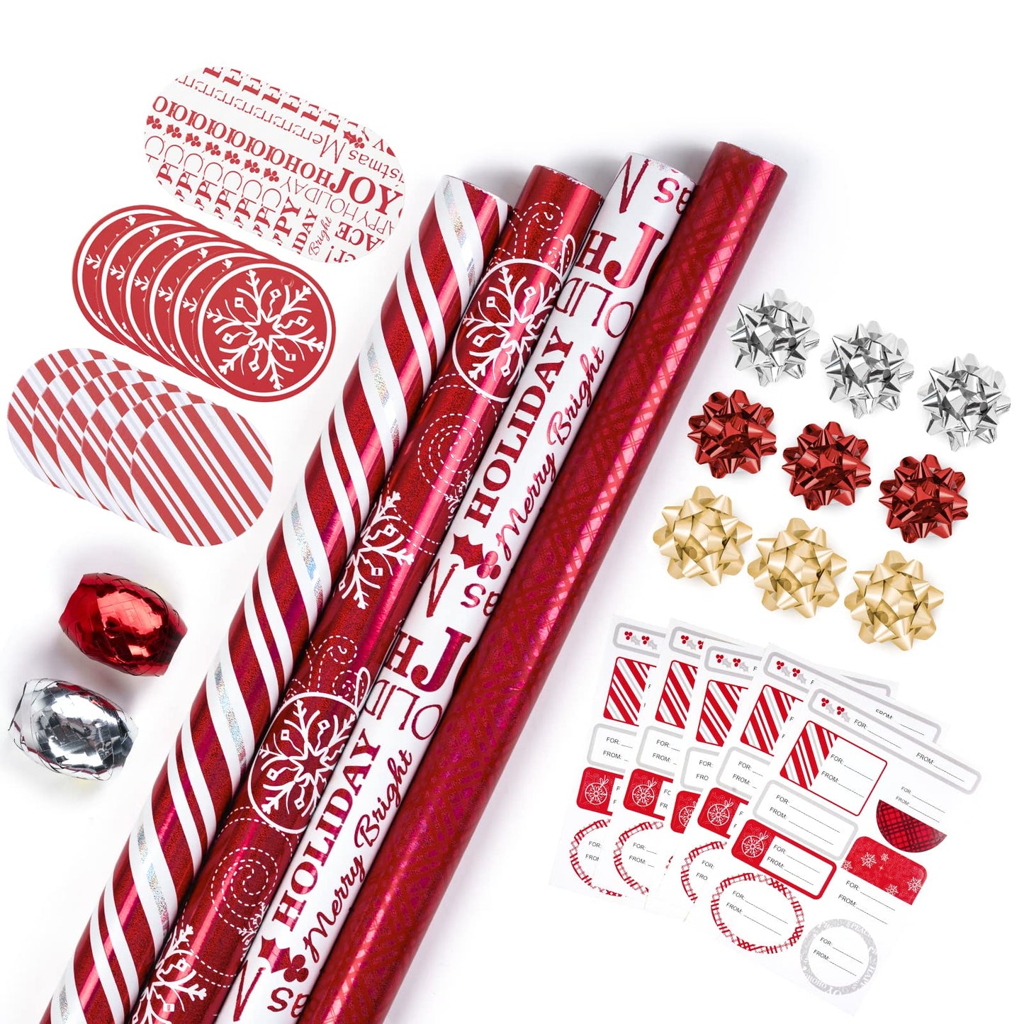 Christmas Wrapping Paper Set - Red and White Metallic Foil Shine Christmas Wrapping Paper Bundle with Gift Bow & Ribbon & Tag & Sticker