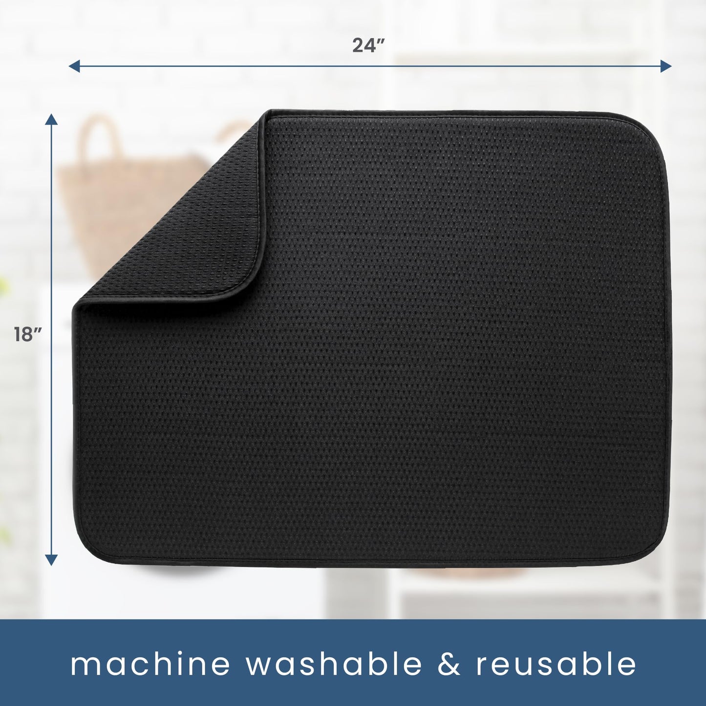 Dish Drying Mat XL, 18” x 24”, Absorbent Microfiber Kitchen Counter Mat, Drying Pad for Dishes, Utensils, Pots and Pans, Extra Large, Diamond Texture, Black