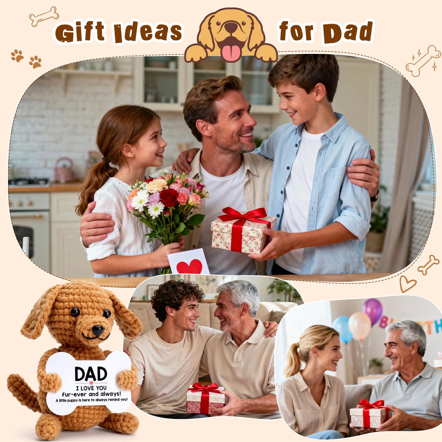 Funny Fathers Day Dad Gifts from Daughter Son, First New Bonus Step Dad Father’s Day Birthday Gifts from Kids Wife, Personalized Unique Daddy Presents Cool Stuff Cute Things, Small Happy Crochet Dog