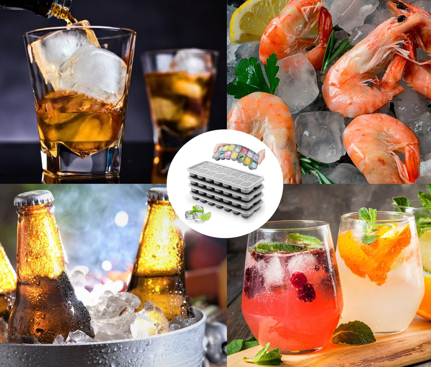 Ice Cube Tray 4 Pack, Easy-Release & Flexible 56 pcs Silicone Ice Cube Trays with Spill-Resistant Removable Lid, Stackable Ice Trays with Covers for Freezer, Cocktail