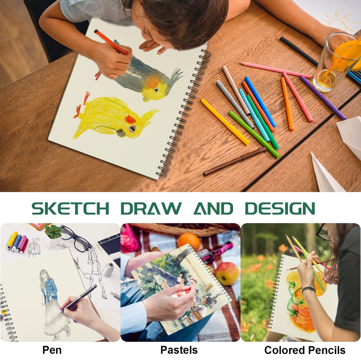 Sketch Book 9x12 inch, Pack of 2 (Total 200 Sheets) Spiral Bound Sketchbook, 68 lb/100gsm Artist Sketch Pad, 100 Sheets Each, Sturdy Acid Free Drawing Paper, Suitable for Adults & Teens