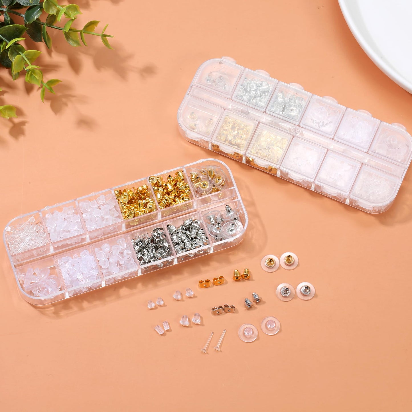 12 Styles 600 Pcs Earring Backs for Studs, Clear Plastic Earrings Hypoallergenic Metal Rubber Silicone Earring Backs Bullet Clutch Stoppers Replacement Kits for Fish Hook Earring Studs Hoops