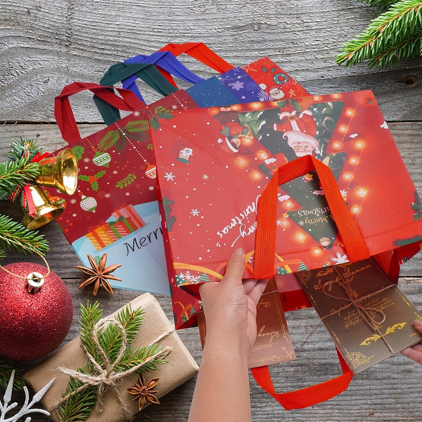 12 Pack Christmas Gift Bags Large Reusable Tote Bags, Non-Wove Bags for New Year's Shopping, Christmas Surprise, Xmas Party Supplies,12.8"×9.8"×6.7"
